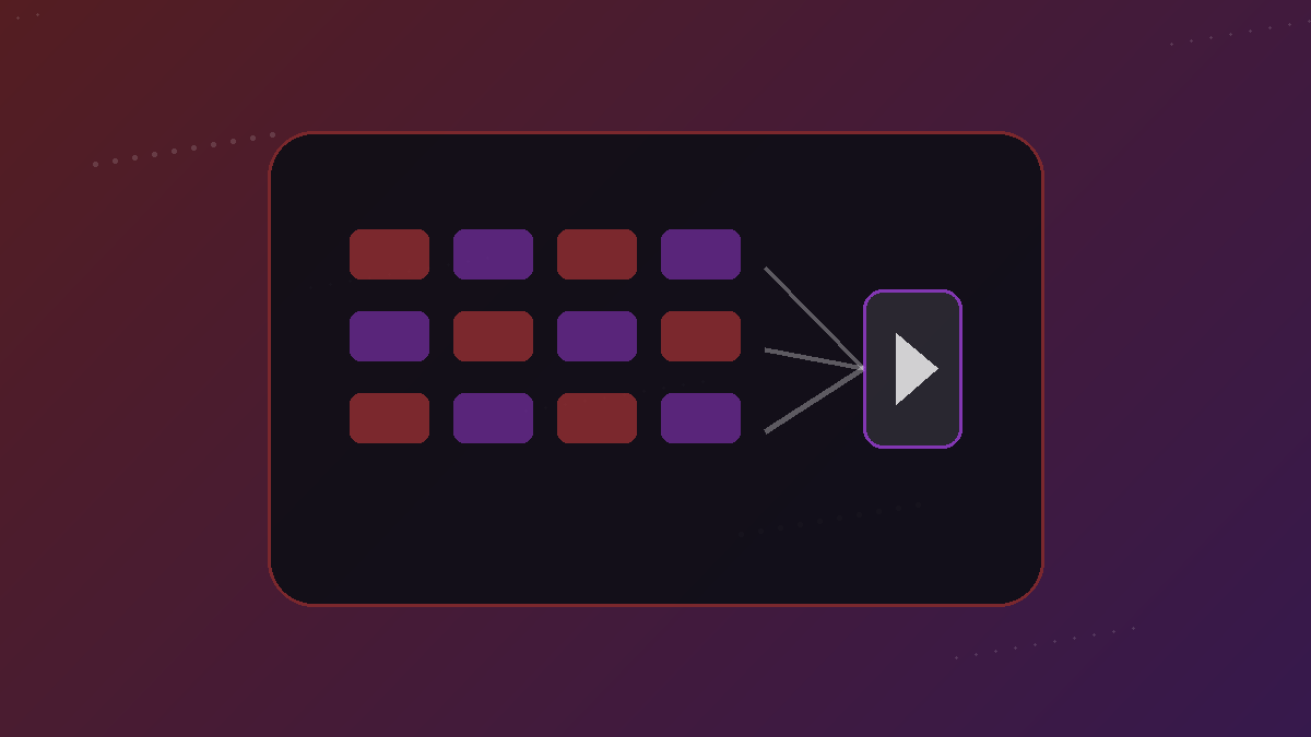 Abstract network of segmented video blocks flowing into a single combined media file
